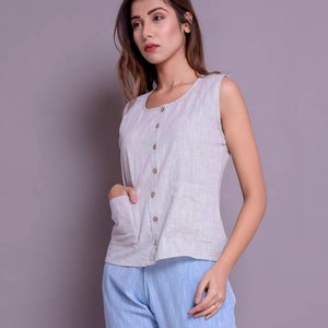 Tank Top with Pockets | Front Buttoned Tank Top | Linen Tank Top | Front Open Sleeveless Top | Summer Linen Tank for Women | Linen Blouse