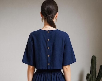 Zurück Geknöpft Leinen Entspanntes Top