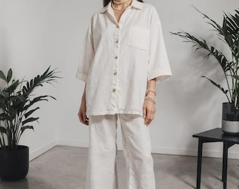 Linen Shirt and Pants Set: Women's Relaxed Fit Co-Ord Pajamas