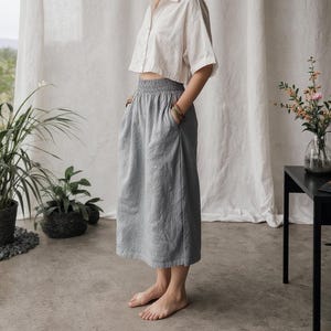 Linen A-Line Midi Skirt with Pockets - Comfortable Utility Style