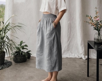 Linen A-Line Midi Skirt with Pockets - Comfortable Utility Style
