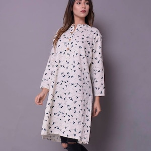 Bird Print Linen Tunic Dress: Oversized Long Shirt