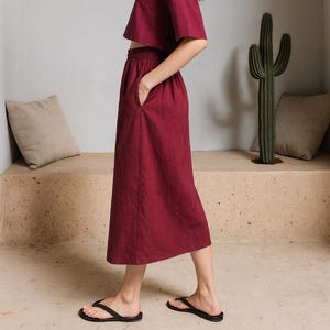 Linen Midi Skirt with Pockets: A-Line Comfortable Utility Skirt