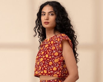 PLEATED CROPPED TOP | Relaxed Fit Blouse | Summer Crop Top | Cropped Blouse Women | Printed Basic Blouse | Linen Crop Top | Floral Blouse