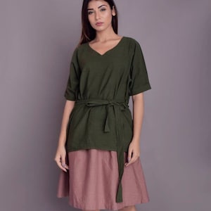 Oversized Linen Tunic Top with Belt: Soft Washed One Size Blouse