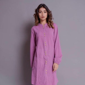 Handmade Linen Shirt Dress: Front Button, Elastic Sleeve, Summer Casual