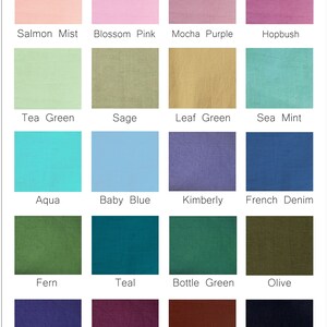 May include: A colour chart with 18 fabric swatches, each with a different colour and name. The colours include salmon mist, blossom pink, mocha purple, hopbush, tea green, sage, leaf green, sea mint, aqua, baby blue, kimberly, french denim, fern, teal, bottle green, olive, navy blue, wine purple, coffee bean, and black.
