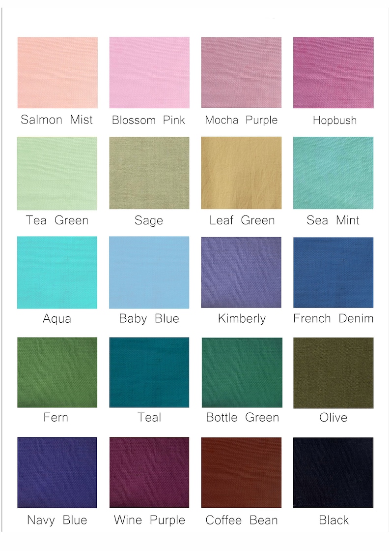May include: A colour chart with 18 fabric swatches, each with a different colour and name. The colours include salmon mist, blossom pink, mocha purple, hopbush, tea green, sage, leaf green, sea mint, aqua, baby blue, kimberly, french denim, fern, teal, bottle green, olive, navy blue, wine purple, coffee bean, and black.