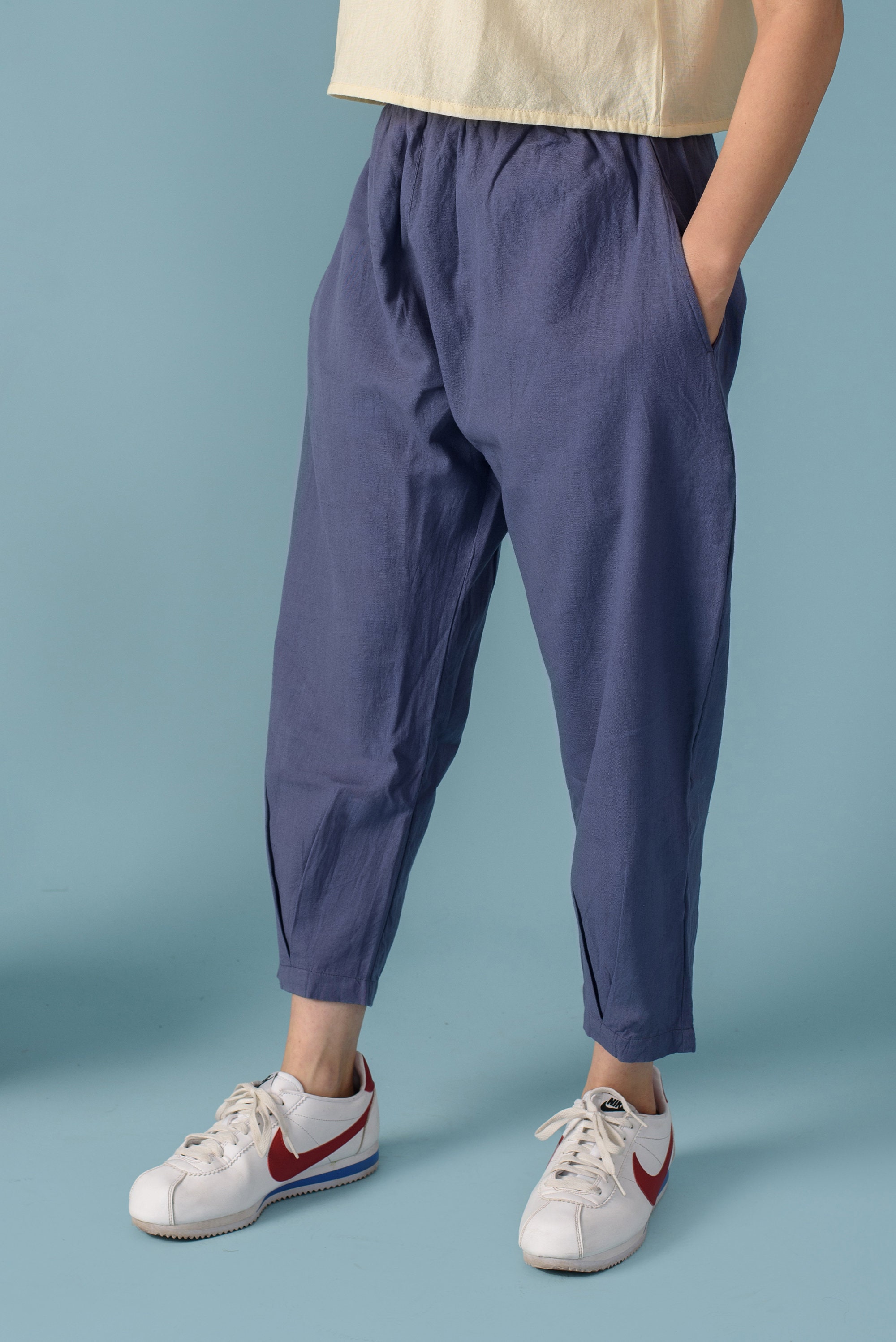 【HUECLOSET】★送料・関税込★Linen Twist Balloon Denim Pants Linen Balloon Culottes | Linen Baggy Trousers for Women