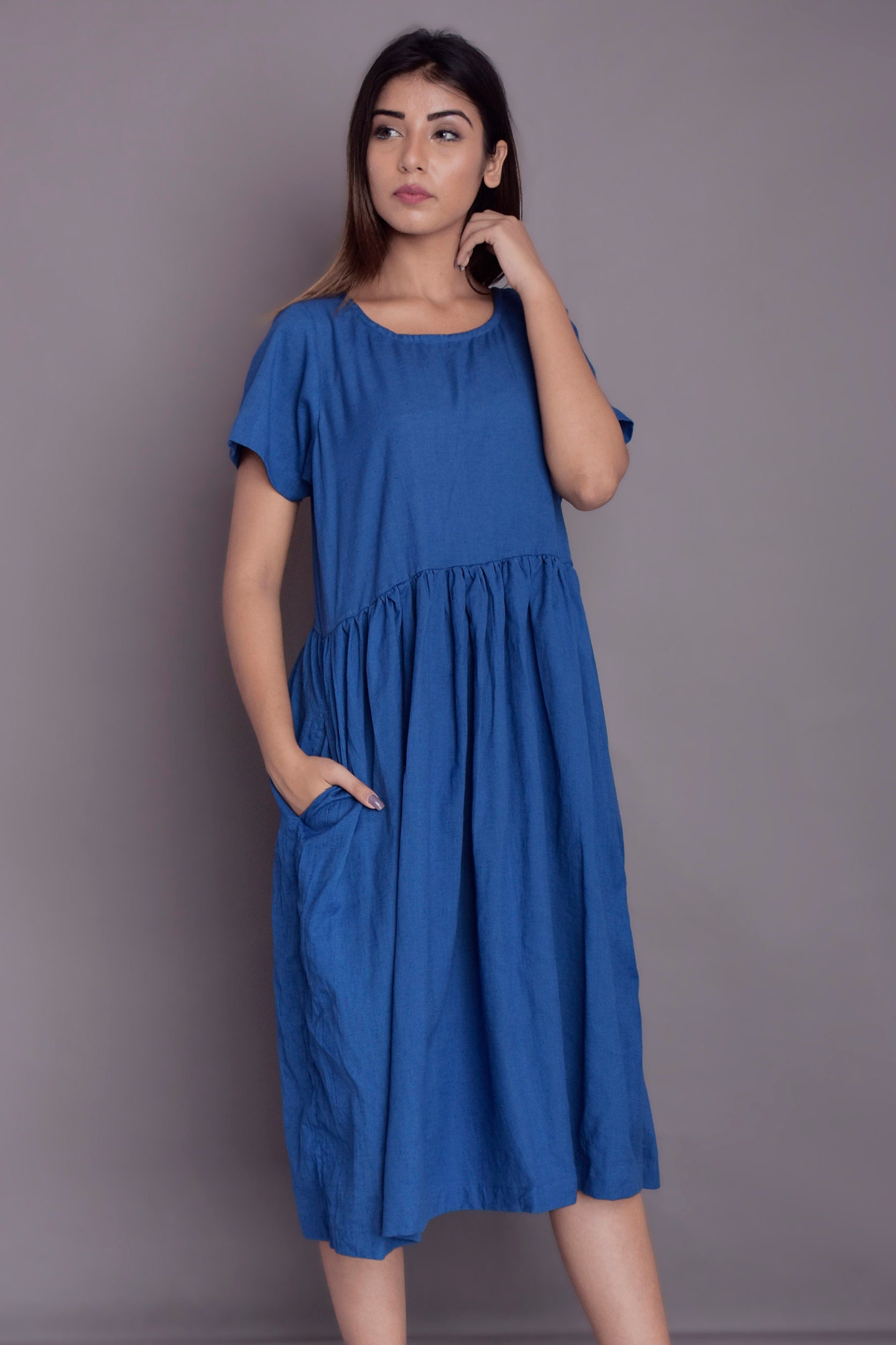 Linen Midi Dress Short Sleeved Dress Blue Linen Dress | Etsy