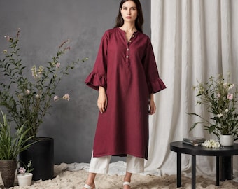 Linen Indian Shirt Dress: Women's V-Neck Tunic with Slits, Ruffle Sleeves