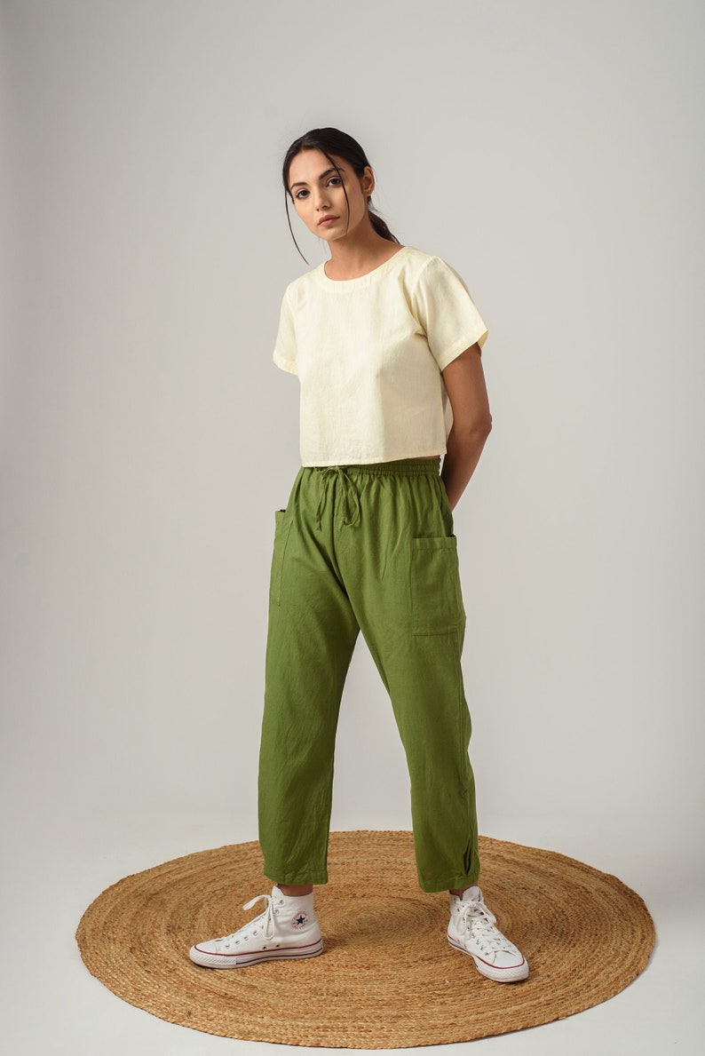 Patch Pocket Pants With Drawstring Linen Trousers Women Box Etsy