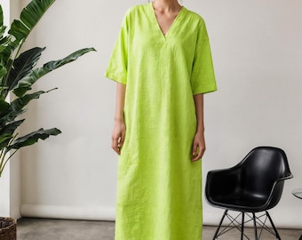 Drop Shoulder Linen Dress: V-Neck Beach Kaftan with Pockets