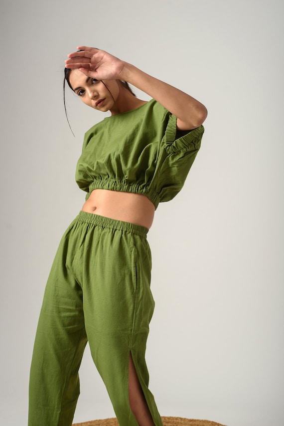 Linen Crop Top, Elastic Waist Crop Top,linen Cropped Blouse