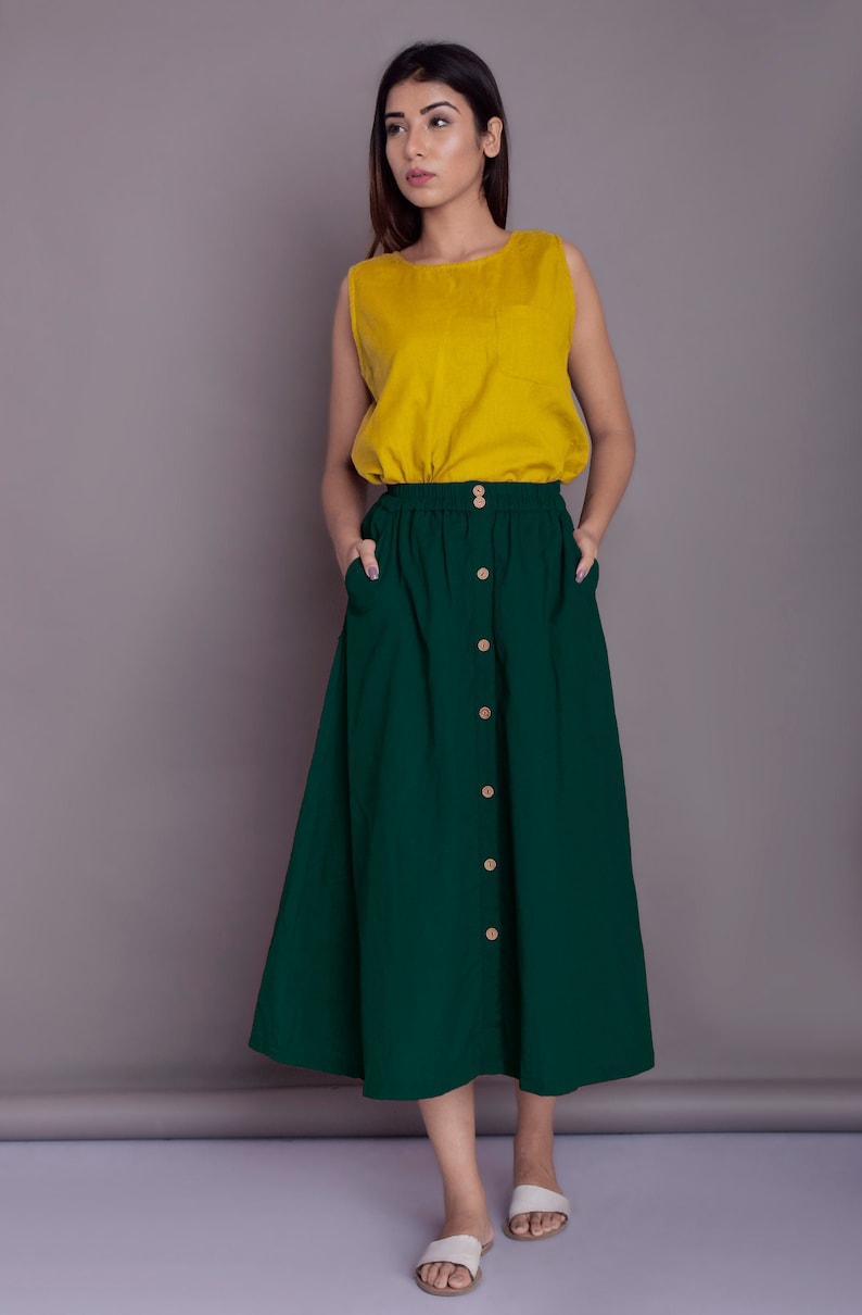 Button down Linen skirt, Buttoned skirt with pocket, Long Linen Skirt, Front button skirt, Midi skirt -(2) 