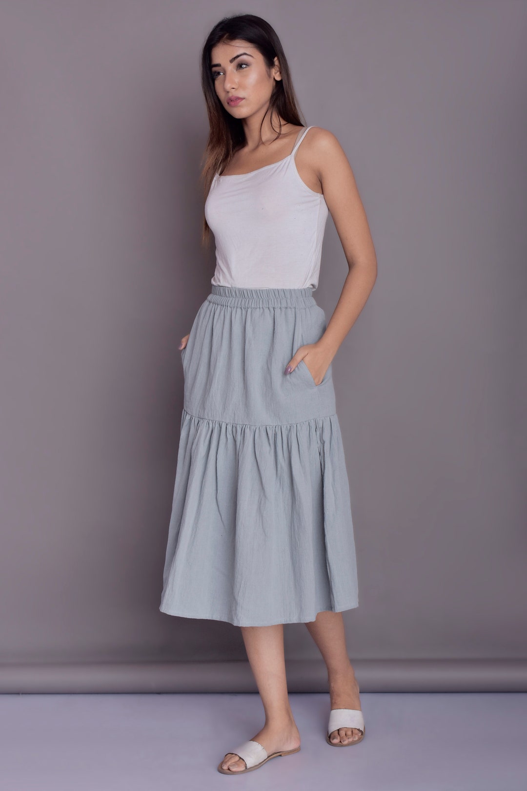 Midi Ruffle Skirt, Skirt With Pockets, Frill Linen Skirt for Women ...