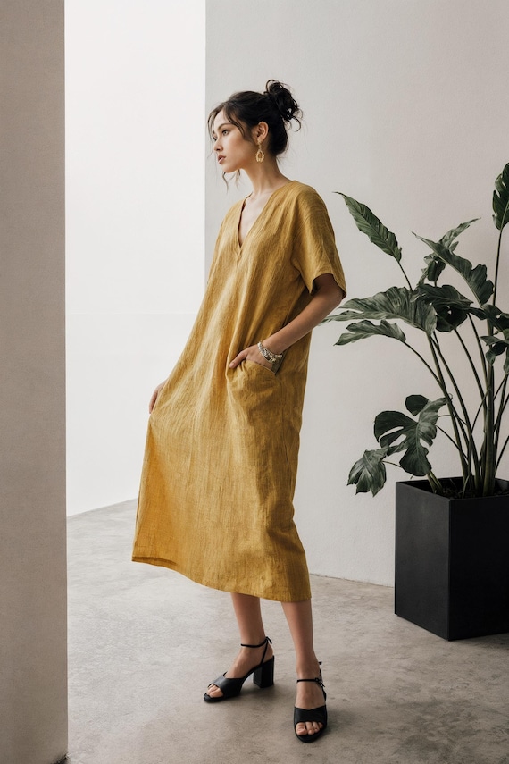 Handmade Linen Midi Dress: Relaxed Fit V-Neck Tunic with Pockets