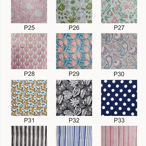 May include: A collection of 12 fabric swatches featuring a variety of patterns, including floral, paisley, geometric, and polka dot designs. The swatches are labelled P25 through P36.