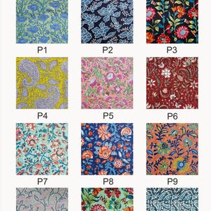 May include: Twelve different fabric swatches featuring a variety of floral and paisley patterns. The fabric is described as handblock printed, azo free, and lightweight cotton.