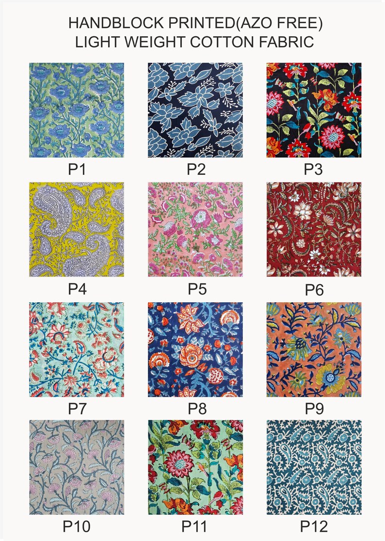 May include: Twelve different fabric swatches featuring a variety of floral and paisley patterns. The fabric is described as handblock printed, azo free, and lightweight cotton.