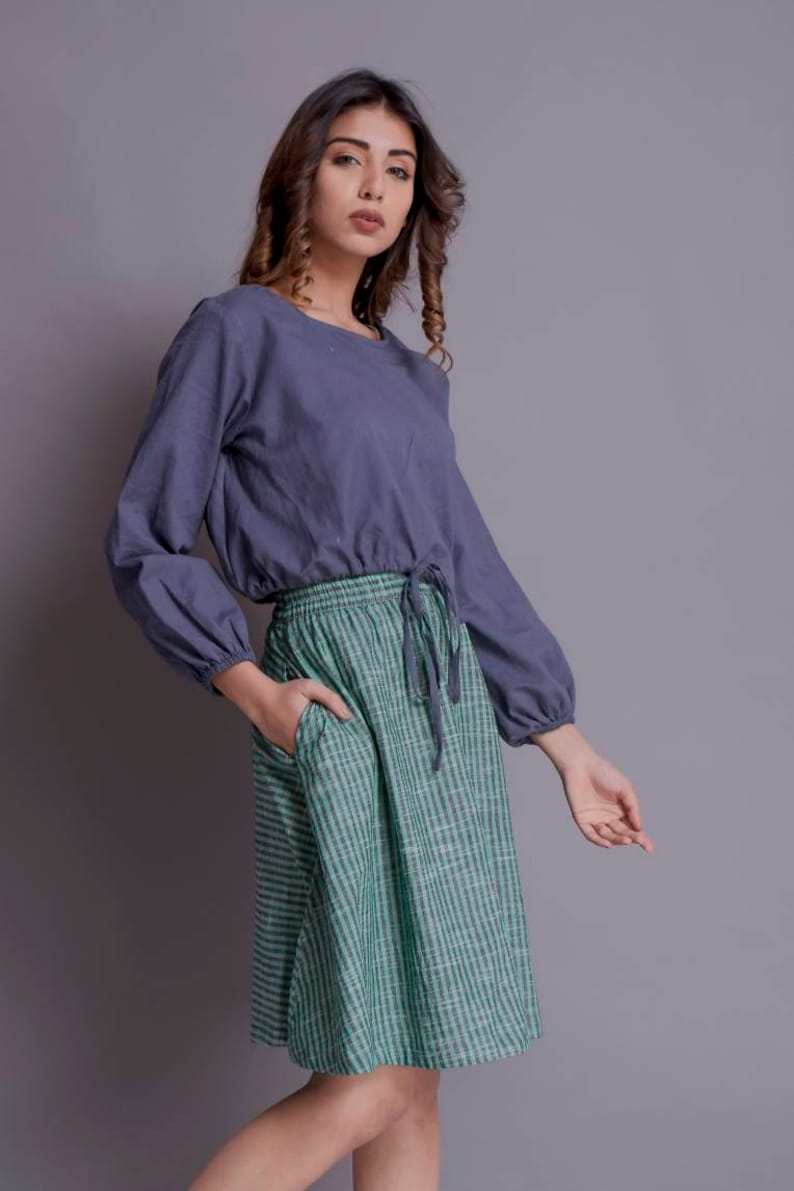 Knee Length Skirt Yarn Dyed Skirt Skirt With Pockets Midi Etsy