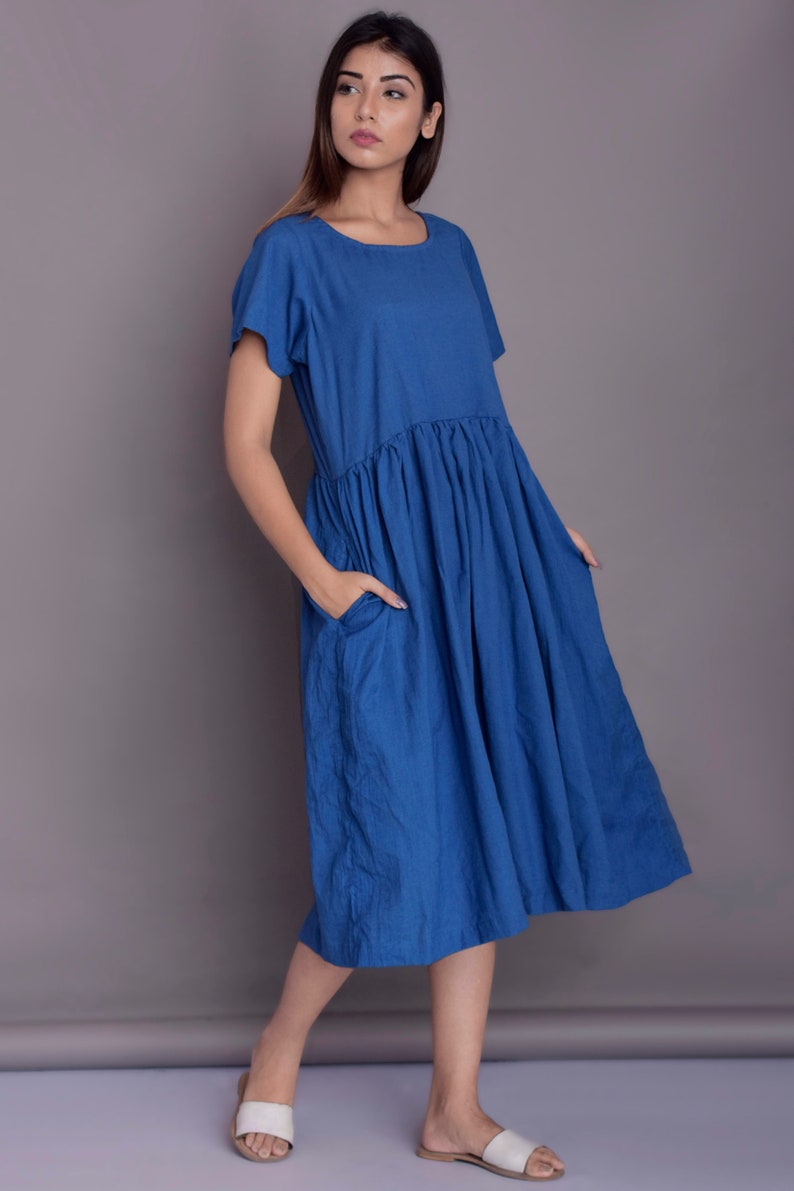 Linen midi dress Short sleeved Dress Blue Linen dress | Etsy