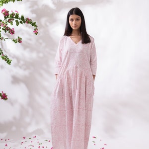 Floral Print Linen Maxi Dress: 3/4 Sleeve Cotton Blend