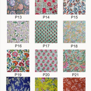May include: A collection of 12 fabric swatches featuring a variety of floral patterns. The swatches are arranged in a grid of four rows and three columns. Each swatch is labelled with a letter and number, such as "P13" or "P24".