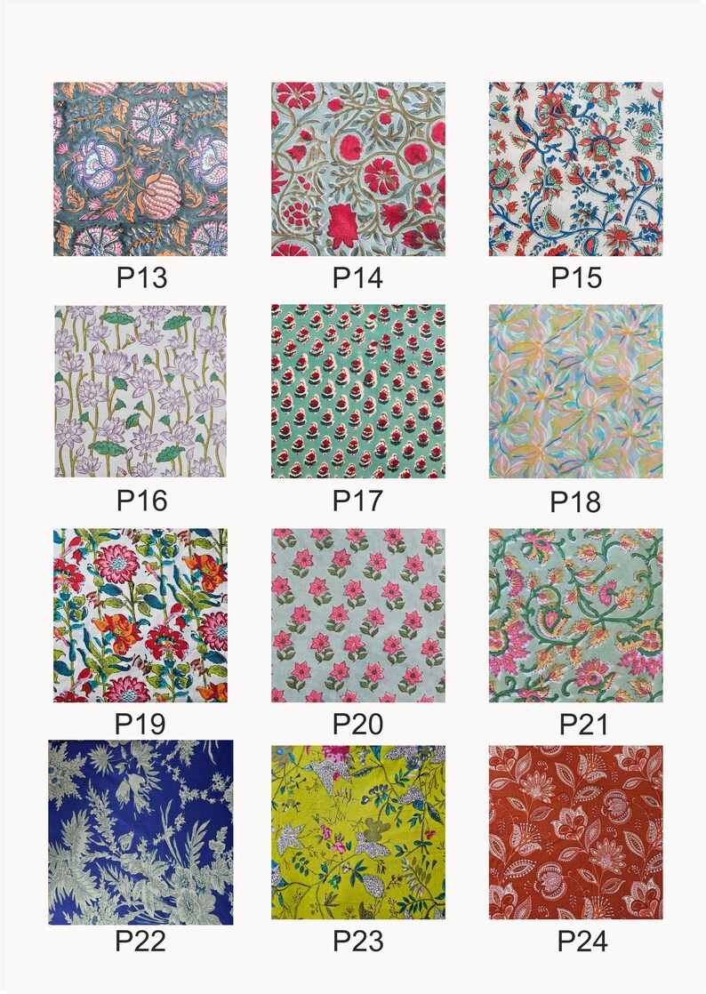 May include: A collection of 12 fabric swatches featuring a variety of floral patterns. The swatches are arranged in a grid of four rows and three columns. Each swatch is labelled with a letter and number, such as "P13" or "P24".