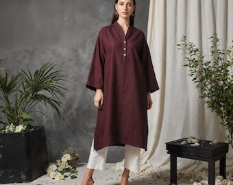 Linen Indian Shirt Dress: Women's V-Neck Tunic with Slits, Loose Full Sleeves