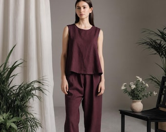 Linen Lounge Set: Sleeveless Top with Back Buttons & Ankle Pants - Custom Made