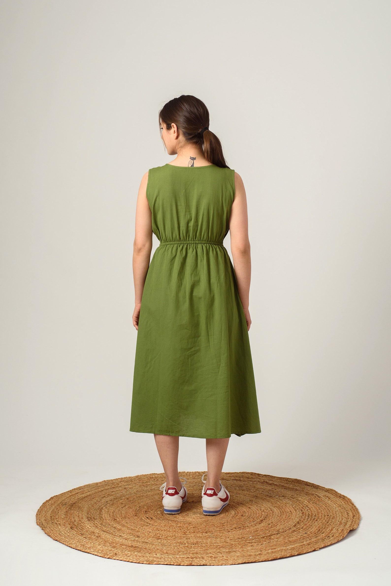 Shin length linen dress Empire waist dress Sleeveless linen