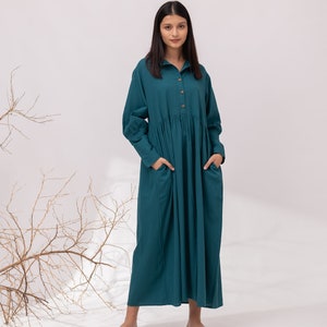 Long Sleeve Linen Maxi Dress: Teal Romantic Dress with Pockets