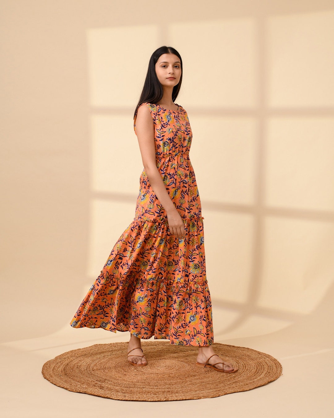 Hand Block Printed Maxi Dress With Pockets, Linen Maxi Dress, Summer