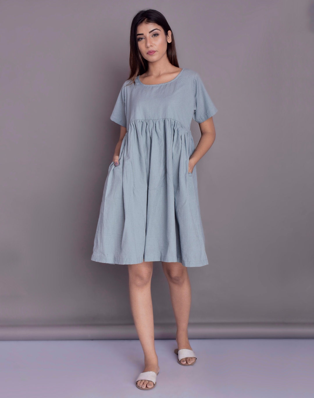 Empire Waist Linen Dress, Summer Dress, Short Sleeved Dress, Knee Length  Linen Dress With Pockets Custom Made by Modernmoveboutiique 