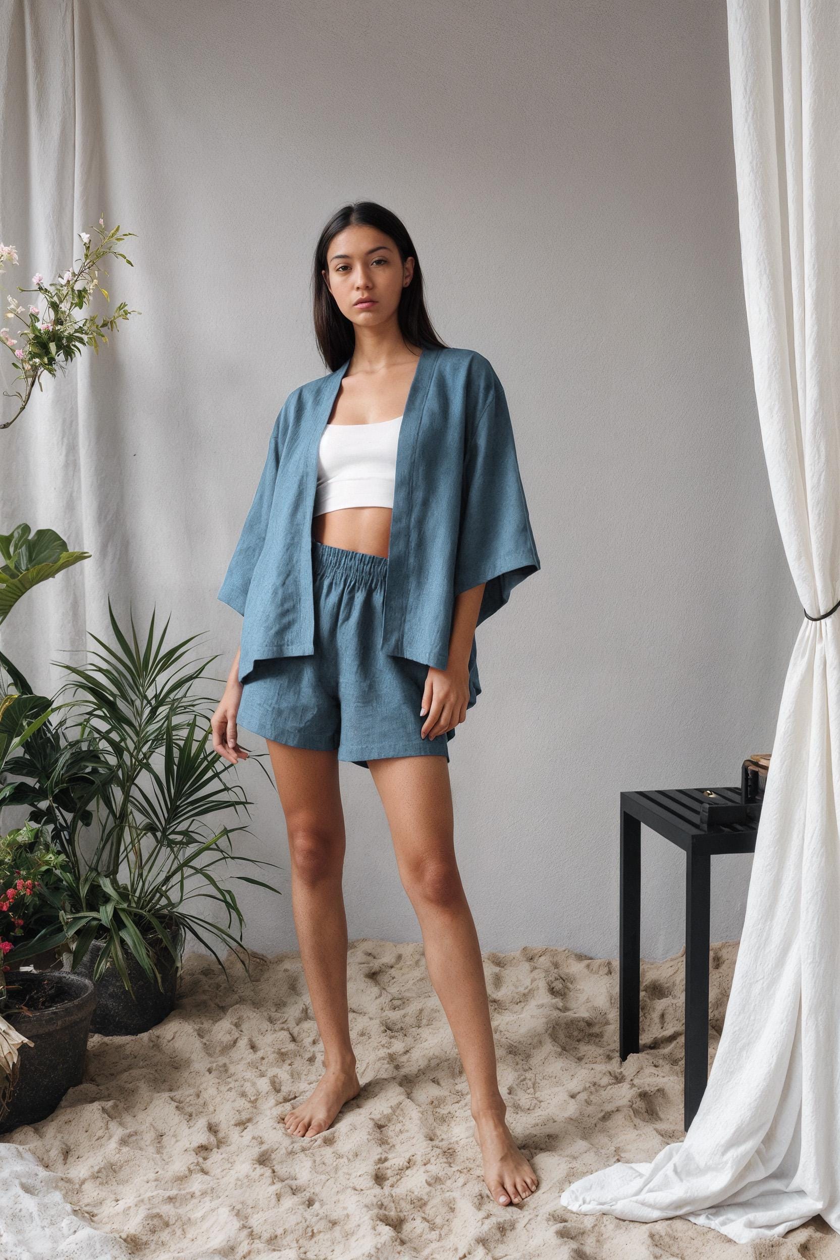 Linen Kimono and Shorts Set: Relaxed Fit Cotton-Linen Blend