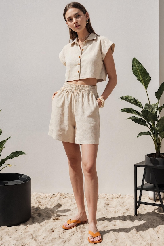 High Waist Linen Shorts: Relaxed Fit Boho Summer Wear
