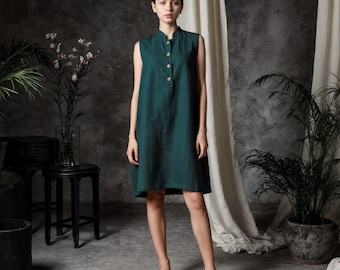 Summer Buttoned Linen Midi Dress: Sleeveless Kurti Dress with Pockets