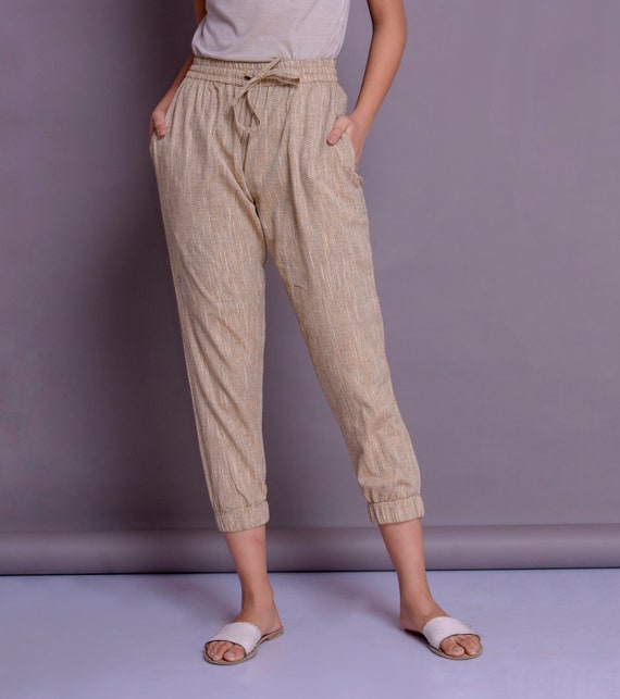 Women Cotton Linen Big Pocket Thin Pants Elastic Waist Pant Lady Summer  Trousers