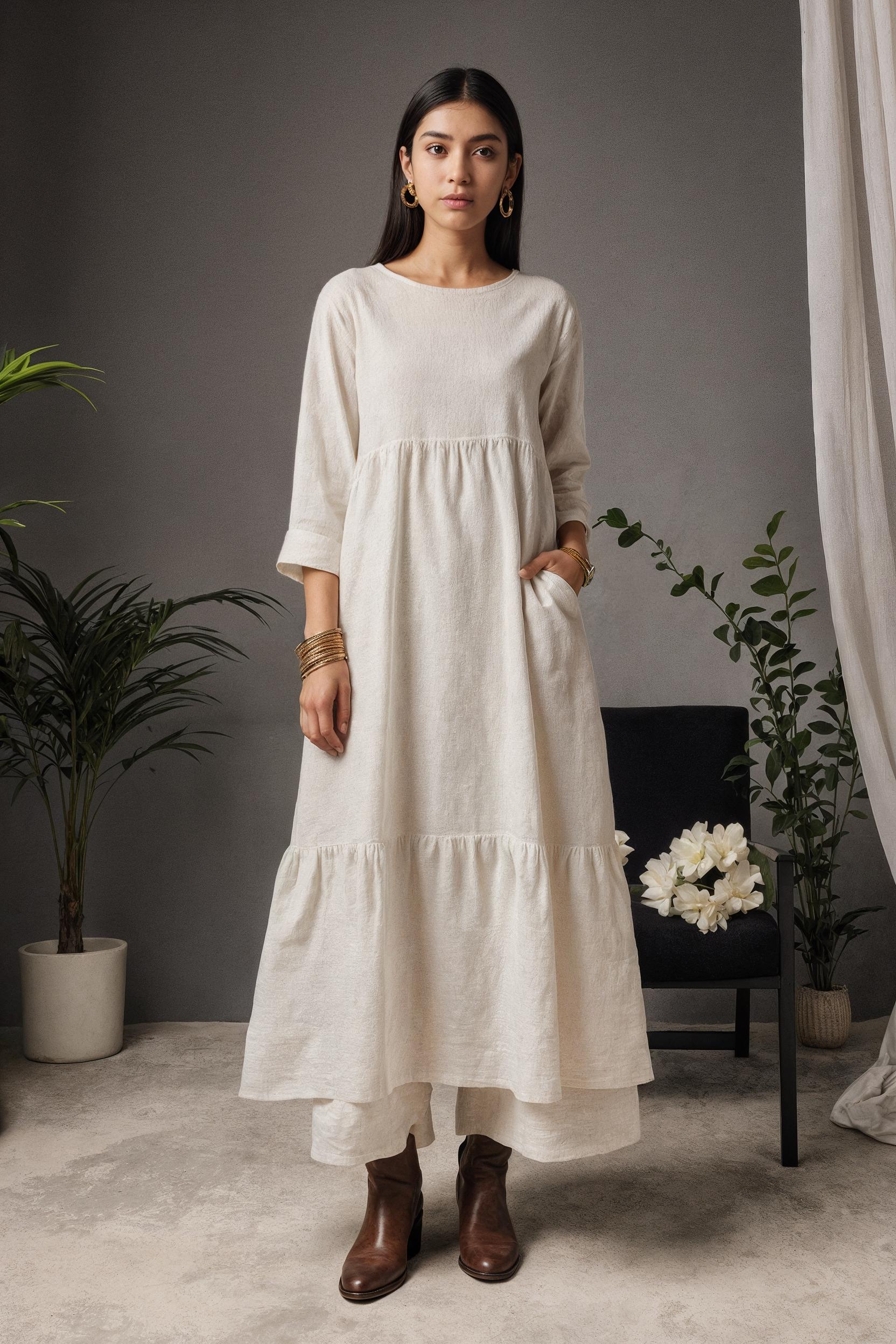 Linen Kurta Dress and Pants Set: Relaxed Fit Cotton-Linen Co-ord