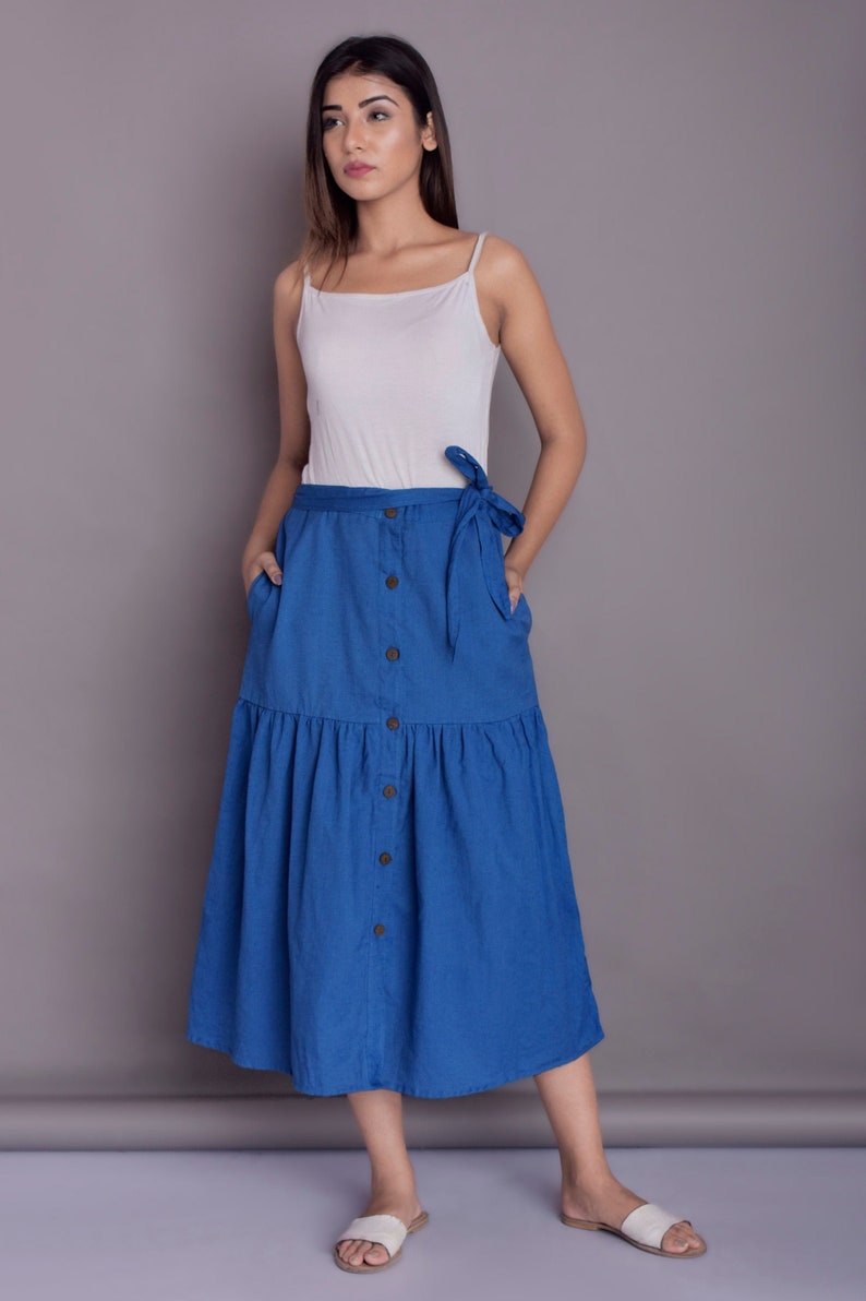 Full Length Button Down Linen Skirt with belt Ruffle Linen | Etsy