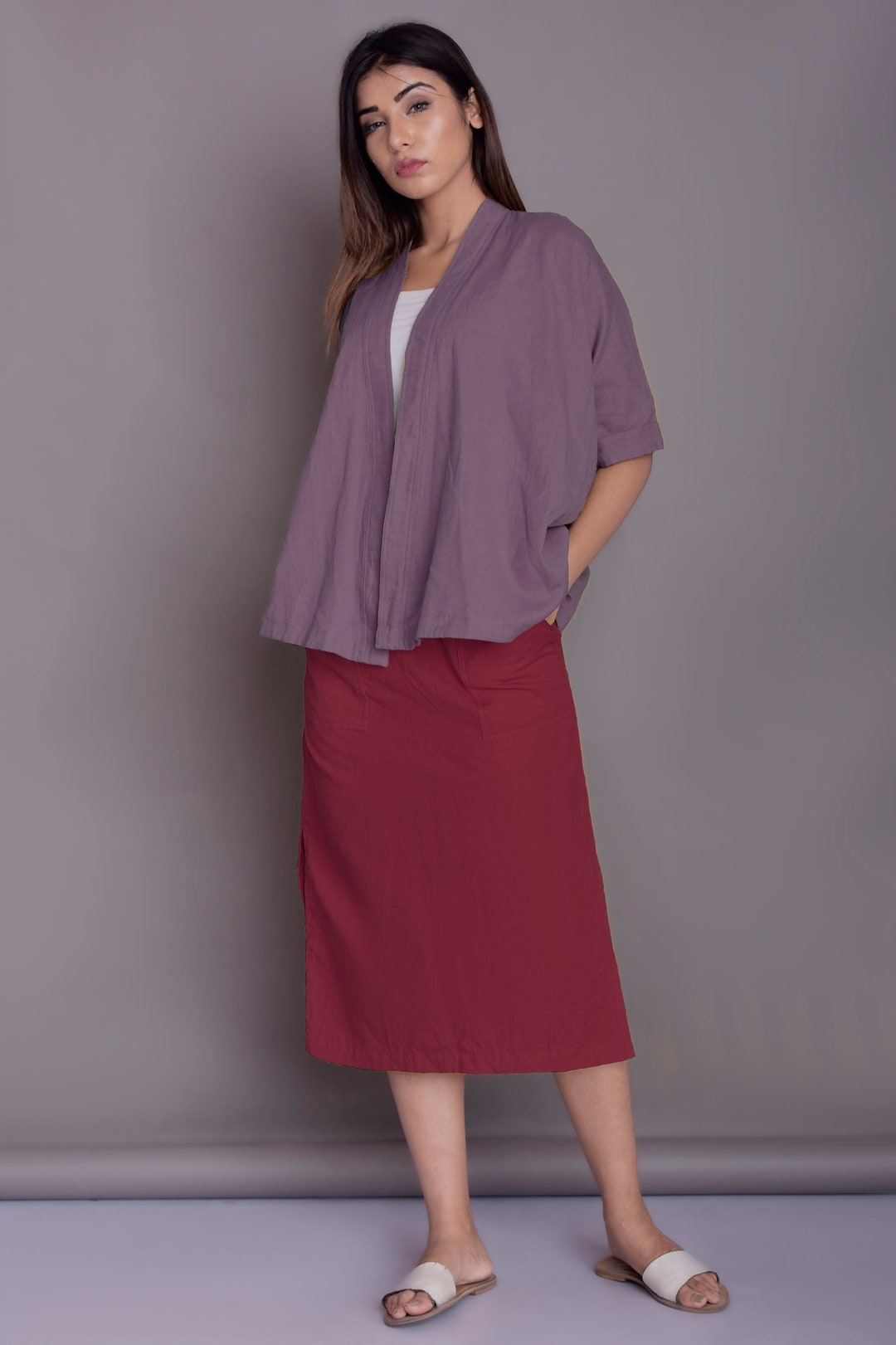 Two Tones Washed Linen Kimono Wrap Top