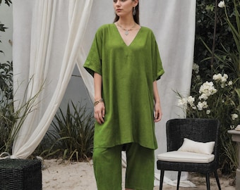 Linen Tunic and Cropped Pants Set: Relaxed Fit V-Neck Long Blouse, Relaxed Shin Length Pants