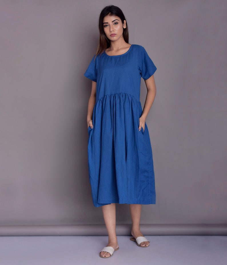 Linen midi dress Short sleeved Dress Blue Linen dress | Etsy