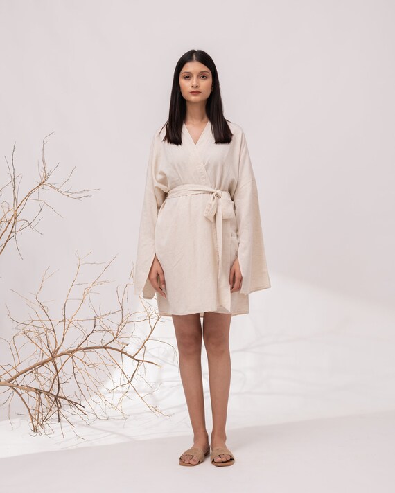 Linen Bridesmaid Robe: Knee Length Kimono Overcoat
