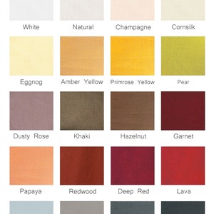 May include: Swatch card displaying 16 different colours of medium weight linen cotton blend fabric. Colours include white, natural, champagne, cornsilk, eggnog, amber yellow, primrose yellow, pear, dusty rose, khaki, hazelnut, garnet, papaya, redwood, deep red, lava, light grey, flint grey, graphite, and charcoal.