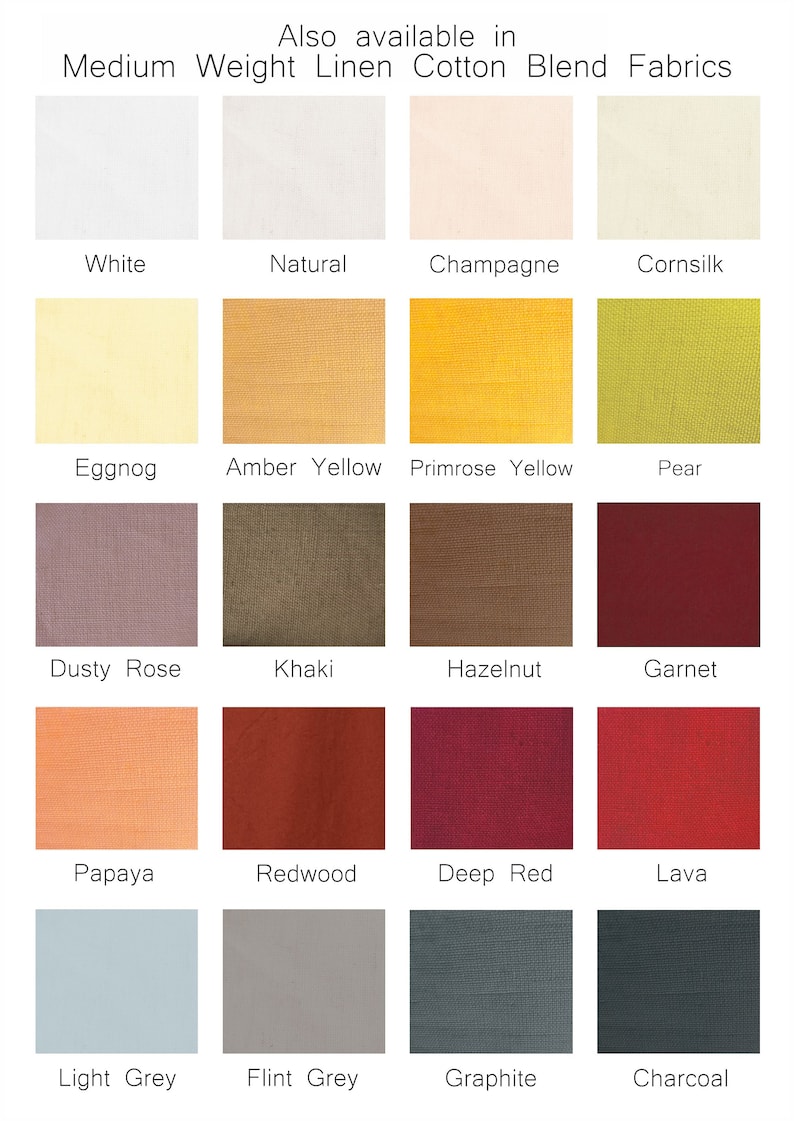 May include: Swatch card displaying 16 different colours of medium weight linen cotton blend fabric. Colours include white, natural, champagne, cornsilk, eggnog, amber yellow, primrose yellow, pear, dusty rose, khaki, hazelnut, garnet, papaya, redwood, deep red, lava, light grey, flint grey, graphite, and charcoal.