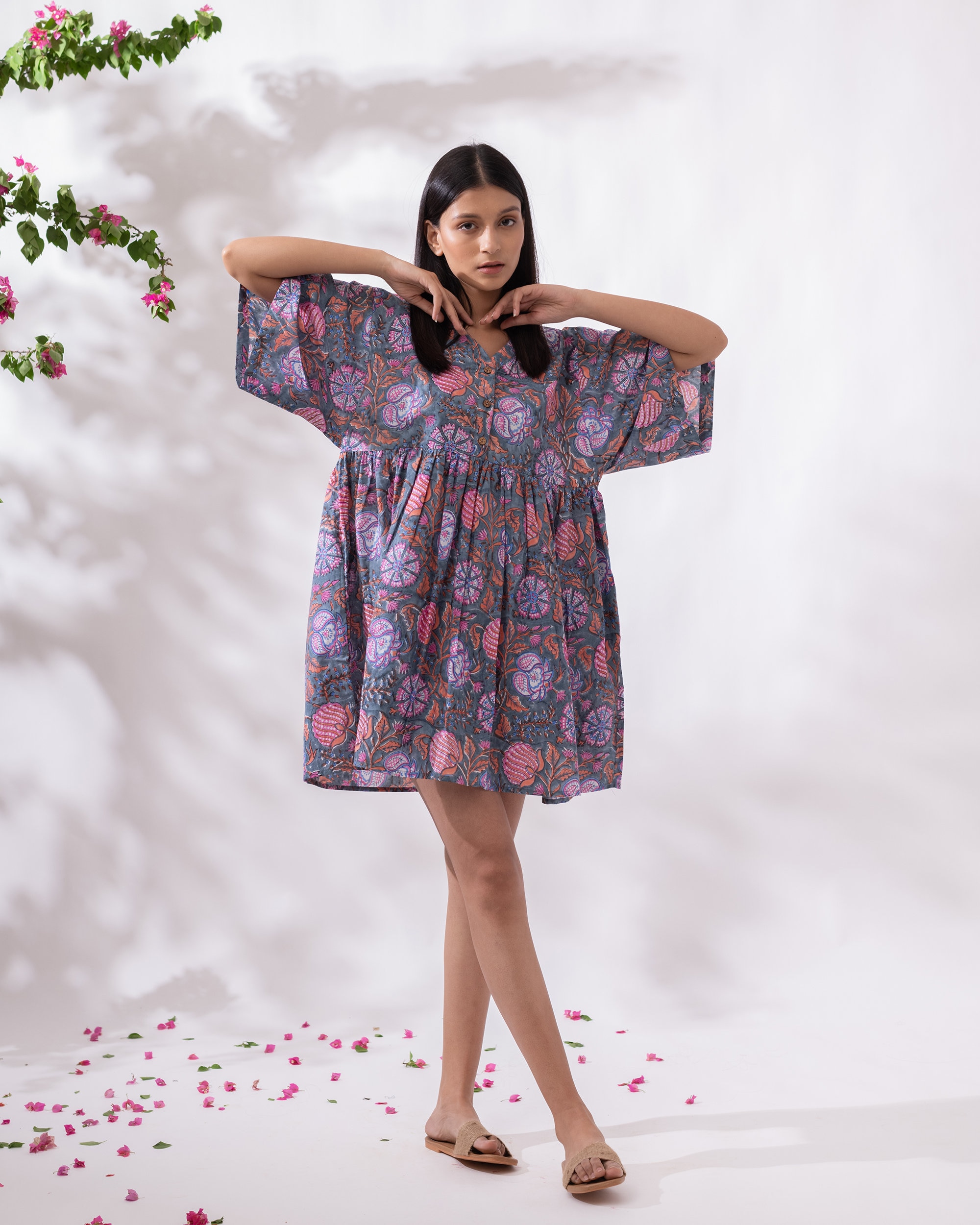 Flared Sleeve Gathered Dress | Midi Dress | Dress with Pockets | Button Down V neck Dress | | Loose Floral Dress | Printed Spring Boxy Dress