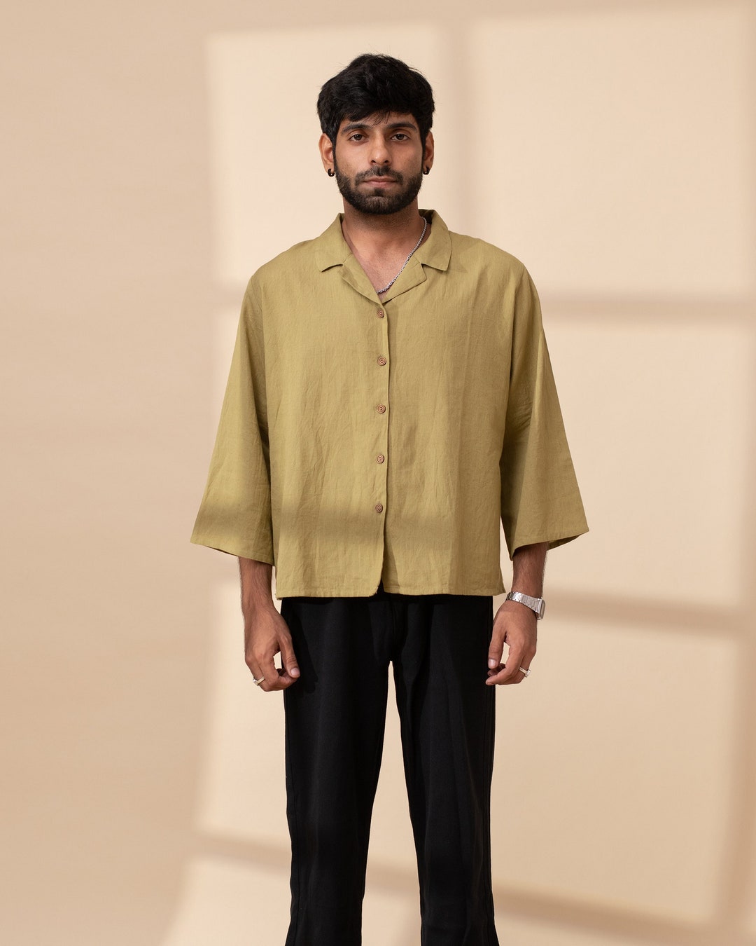 Chemise homme en lin à col cubain chemise courte à manches 3/4