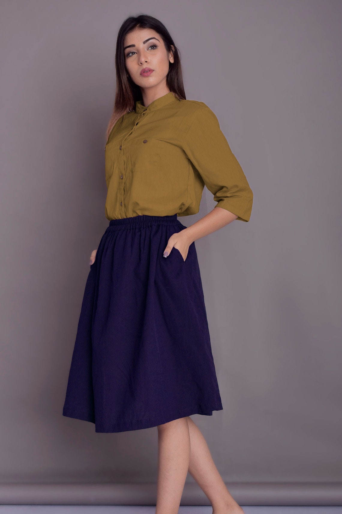 Formal Knee Length skirt Midi Linen Skirt Casual Skirt with Etsy